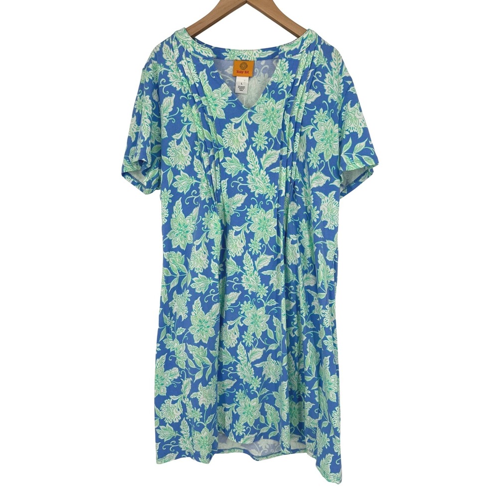 Ruby Rd Shift Dress Women L Blue Floral Pintuck Knit Casual Resort Coastal Beach